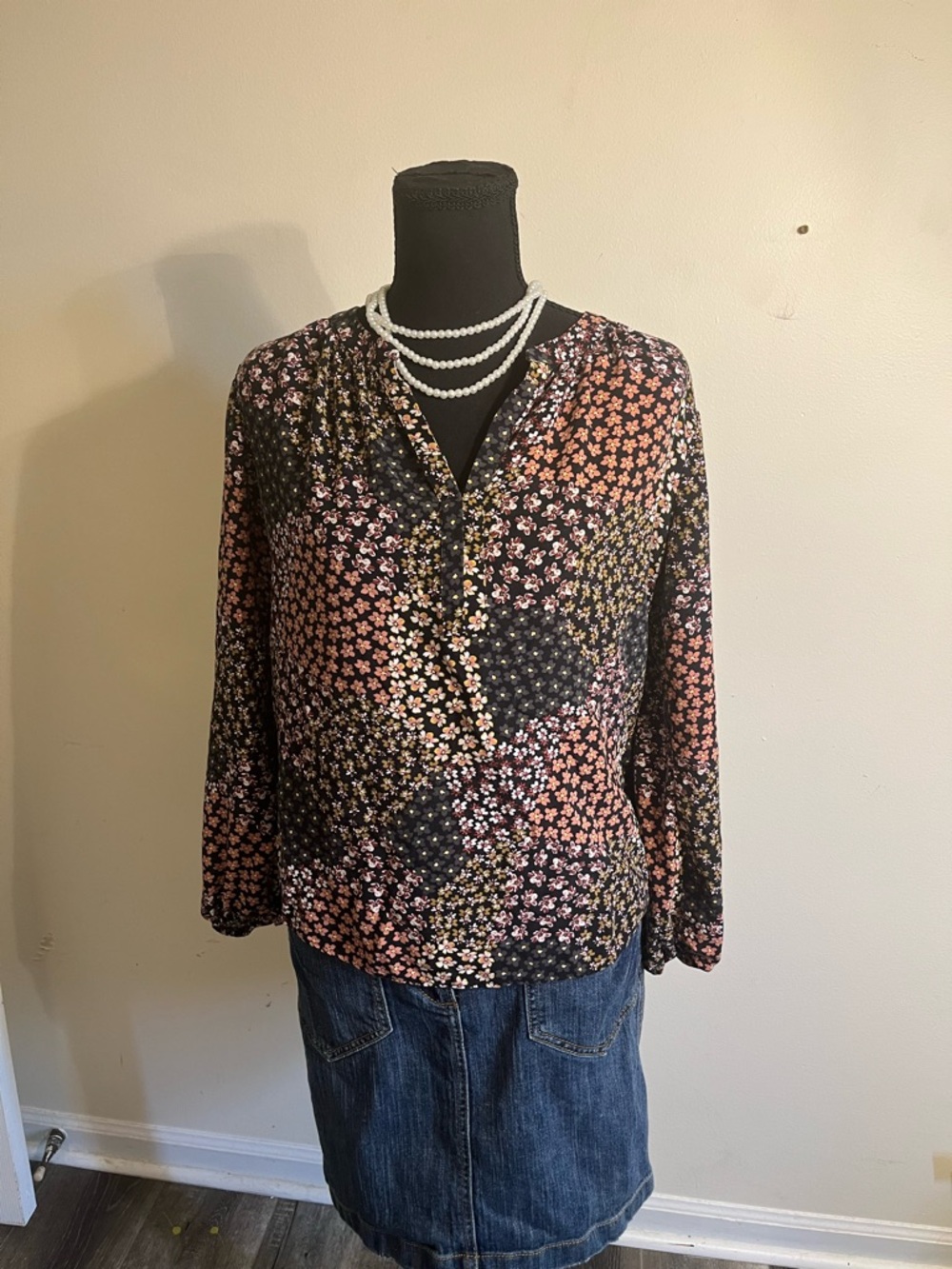 LOFT Black Floral Split-Neck Blouse